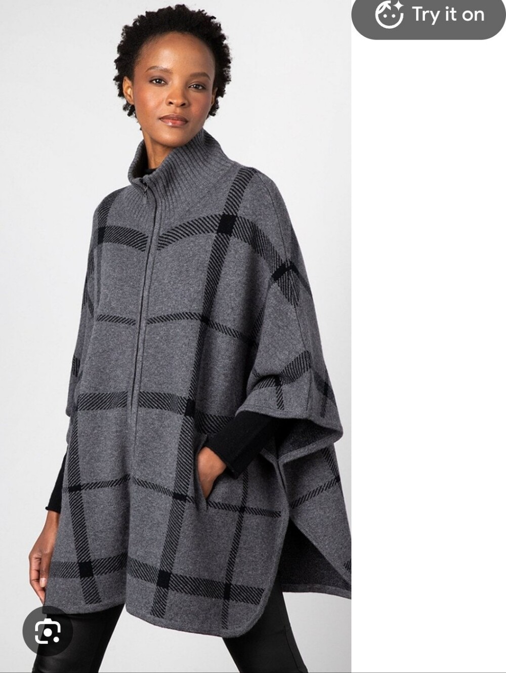 Cashmere Studio Charcoal Gray Plaid Zip-Front Poncho Size L